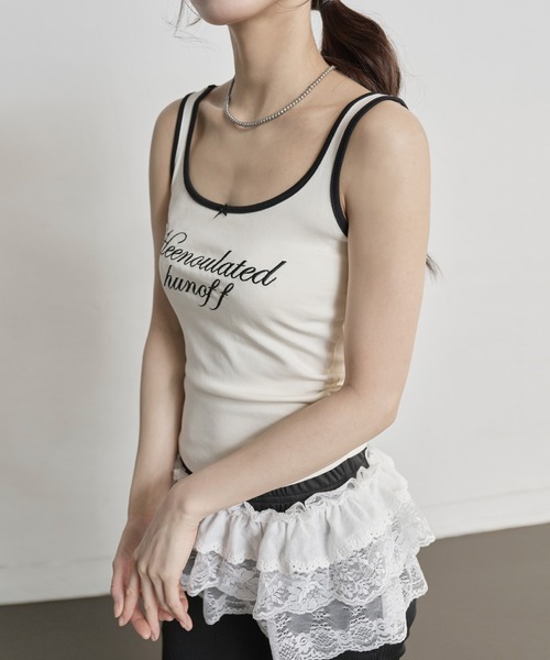 UNE MANSION(ユヌマンション)の「ラブリーリボンサイドシャーリングレタリング刺繍バイカラータンクトップ(キャミソール・レディース・グレー/ホワイト/ネイビー/ワイン・FREE)」の18枚目の写真