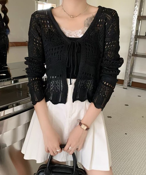 LADY LIKE(レディライク)の「フロントリボンかぎ編みショートカーディガン(カーディガン/ボレロ・レディース・ブラック/ベージュ/ホワイト/レッド・M)」の8枚目の写真