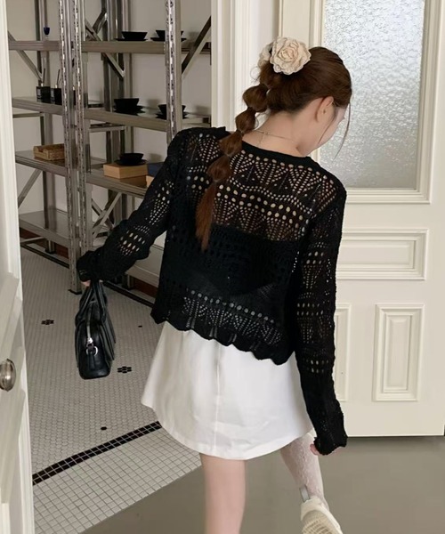 セール】フロントリボンかぎ編みショートカーディガン（カーディガン