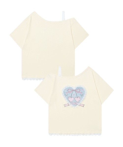 HOOK(フック)の「レースリボンハートTシャツ (SS)(Tシャツ/カットソー・レディース・ライトベージュ/ブルー・SMALL/MEDIUM)」の1枚目の写真