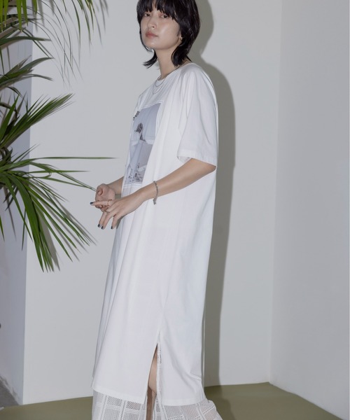 レースインナー付きモノクロフォトptカットソーワンピース Eimee