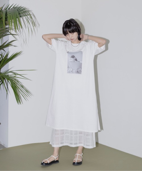 レースインナー付きモノクロフォトptカットソーワンピース Eimee