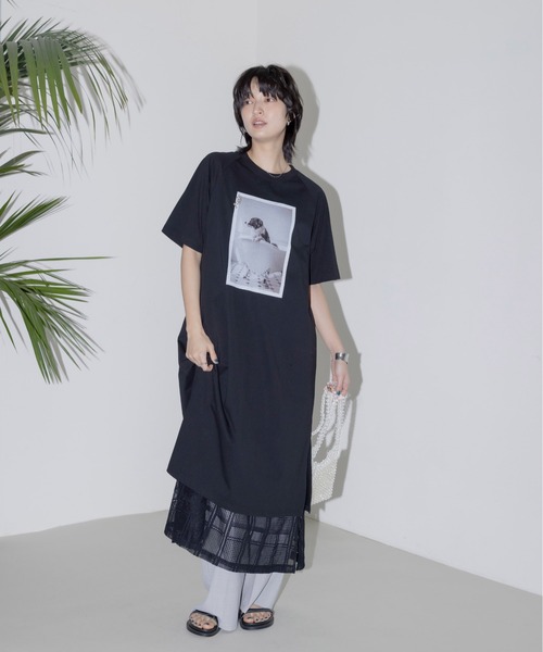 レースインナー付きモノクロフォトptカットソーワンピース Eimee