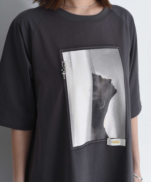 レースインナー付きモノクロフォトptカットソーワンピース Eimee