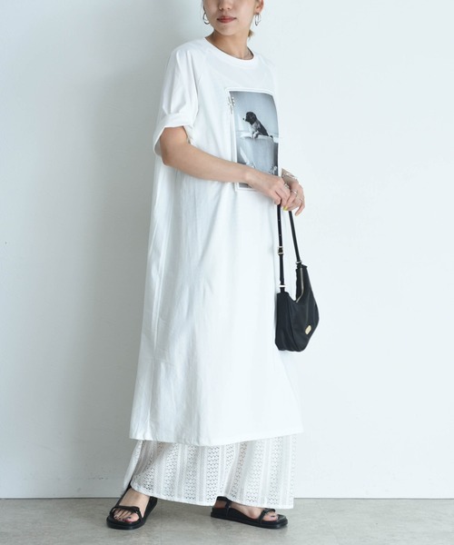 レースインナー付きモノクロフォトptカットソーワンピース Eimee