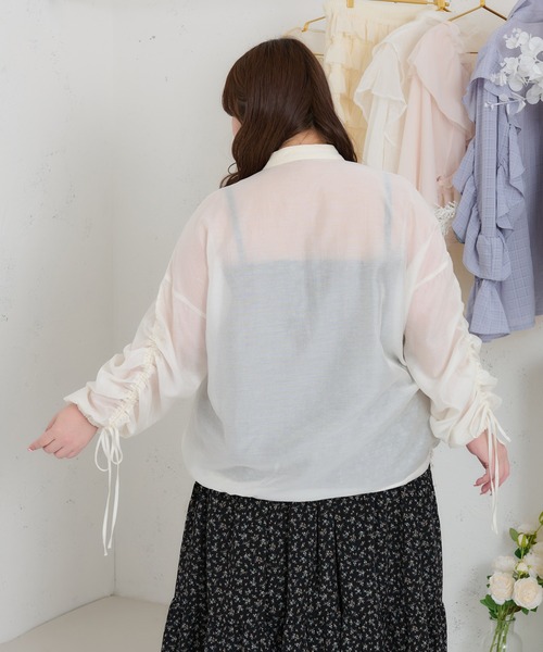 Louiosyルオシー リボン付きドロストシアーブルゾン アイボリー 4L セール】【大きいサイズ】リボン付きドロストシアーブルゾン