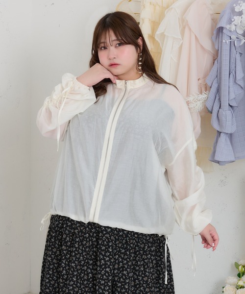 セール】【大きいサイズ】リボン付きドロストシアーブルゾン