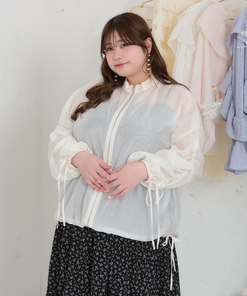 セール】【大きいサイズ】リボン付きドロストシアーブルゾン