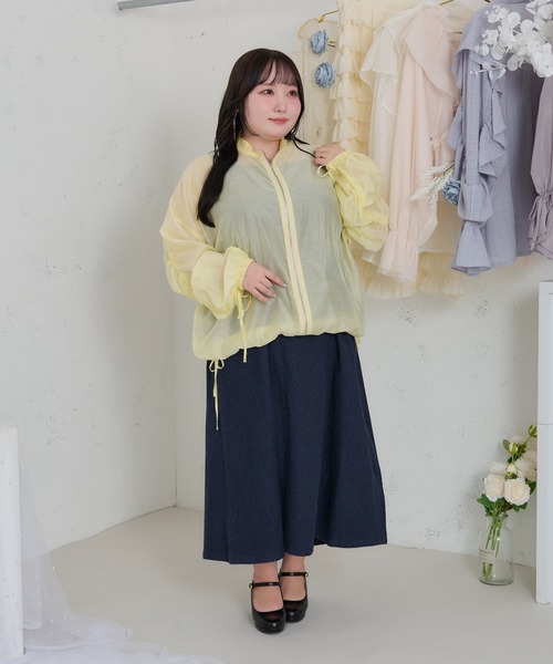 Louiosyルオシー リボン付きドロストシアーブルゾン ブルー LL