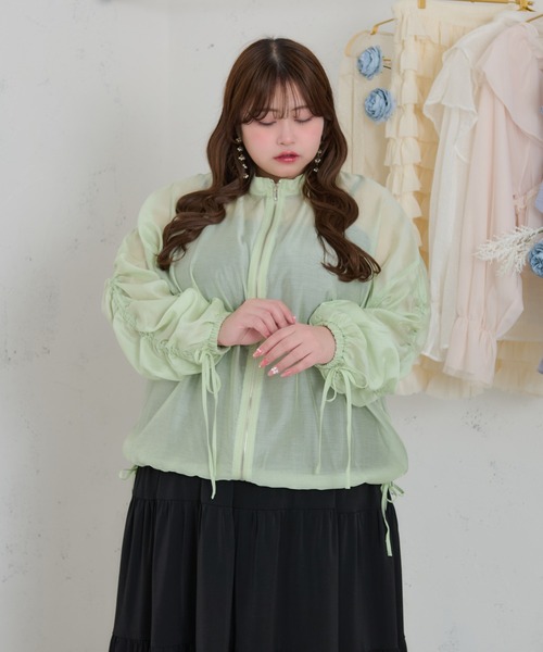 Louiosy リボン付きドロストシアーブルゾン セール】【大きいサイズ】リボン付きドロストシアーブルゾン