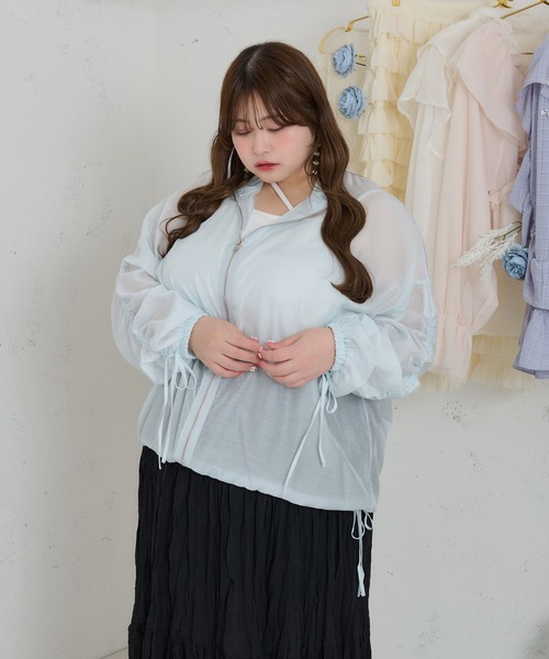 Louiosy ルオシー リボン付きドロストシアーブルゾン ブルー XL セール】【大きいサイズ】リボン付きドロストシアーブルゾン