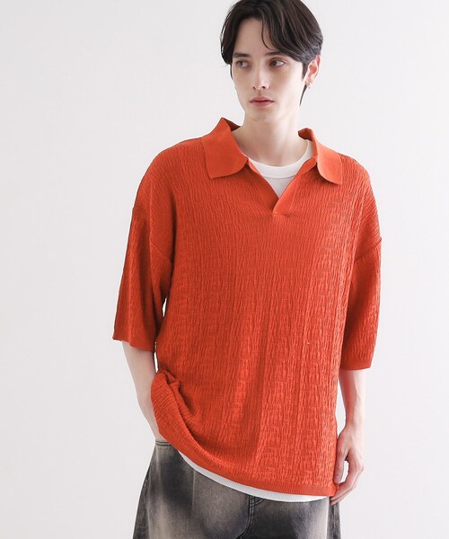 tk.TAKEO KIKUCHI（ティーケータケオキクチ）の「スキッパーニットポロシャツ（ポロシャツ・メンズ・ブラック/オフホワイト/レンガ/サックスブルー・02/03）」の4枚目の写真