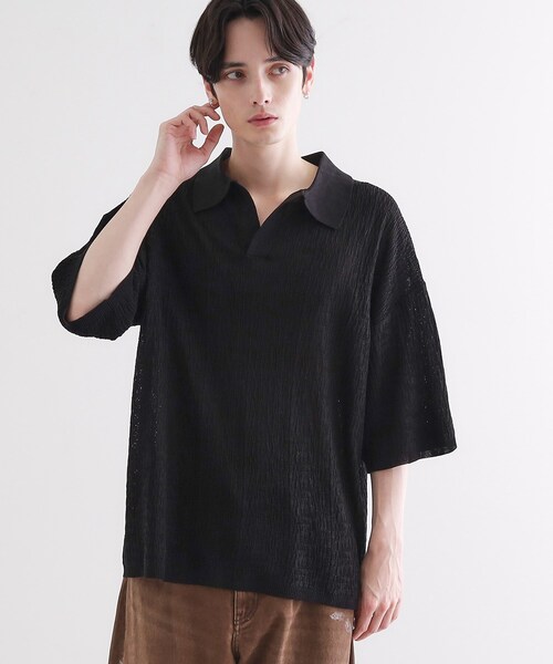 tk.TAKEO KIKUCHI（ティーケータケオキクチ）の「スキッパーニットポロシャツ（ポロシャツ・メンズ・ブラック/オフホワイト/レンガ/サックスブルー・02/03）」の10枚目の写真