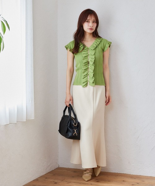 mysty woman（ミスティウーマン）の「フリルリブニットフレンチスリーブ　497228（ニット/セーター・レディース・オフホワイト/ブラック/グリーン・FREE）」の8枚目の写真