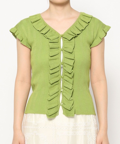 mysty woman（ミスティウーマン）の「フリルリブニットフレンチスリーブ　497228（ニット/セーター・レディース・オフホワイト/ブラック/グリーン・FREE）」の9枚目の写真