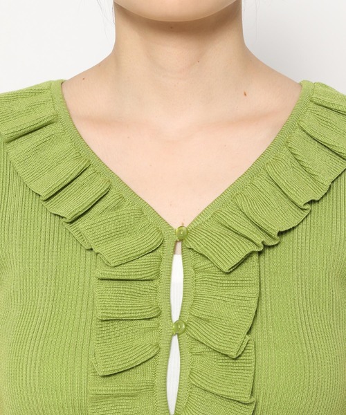 mysty woman（ミスティウーマン）の「フリルリブニットフレンチスリーブ　497228（ニット/セーター・レディース・オフホワイト/ブラック/グリーン・FREE）」の12枚目の写真