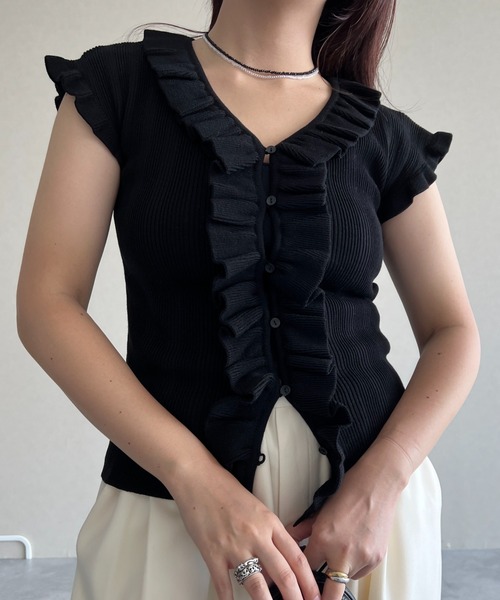 mysty woman（ミスティウーマン）の「フリルリブニットフレンチスリーブ　497228（ニット/セーター・レディース・オフホワイト/ブラック/グリーン・FREE）」の21枚目の写真