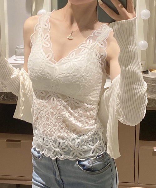 shoppinggo（ショッピングゴー）の「夏服 総レースキャミソール カップ付 キャミ レース（キャミソール・レディース・ホワイト/ブラック/ベージュ/ブラウン・FREE）」の3枚目の写真