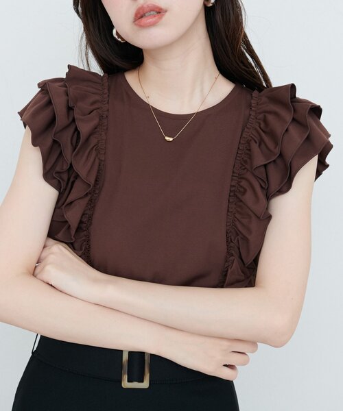 natural couture(ナチュラルクチュール)の「【sherbet line】接触冷感 フリルブラウスTシャツ(Tシャツ/カットソー・レディース・ミント/オフホワイト/ブルー/ブラウン/ブラック・FREE)」の1枚目の写真