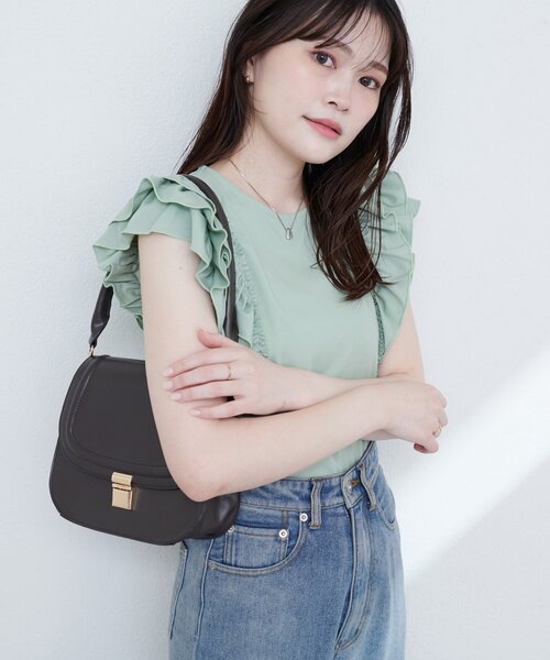 natural couture(ナチュラルクチュール)の「【sherbet line】接触冷感 フリルブラウスTシャツ(Tシャツ/カットソー・レディース・ミント/オフホワイト/ブルー/ブラウン/ブラック・FREE)」の4枚目の写真
