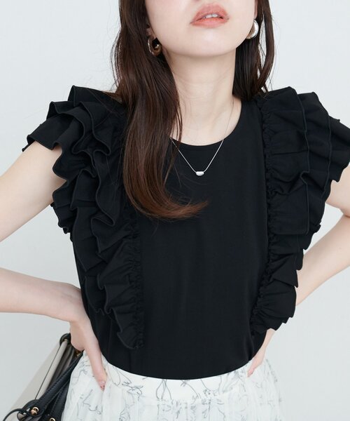 natural couture(ナチュラルクチュール)の「【sherbet line】接触冷感 フリルブラウスTシャツ(Tシャツ/カットソー・レディース・ミント/オフホワイト/ブルー/ブラウン/ブラック・FREE)」の3枚目の写真