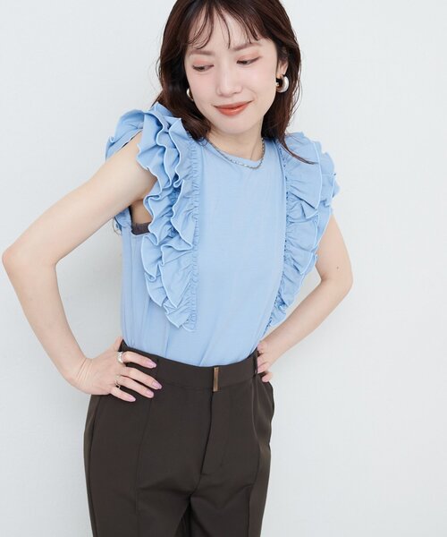 natural couture(ナチュラルクチュール)の「【sherbet line】接触冷感 フリルブラウスTシャツ(Tシャツ/カットソー・レディース・ミント/オフホワイト/ブルー/ブラウン/ブラック・FREE)」の14枚目の写真