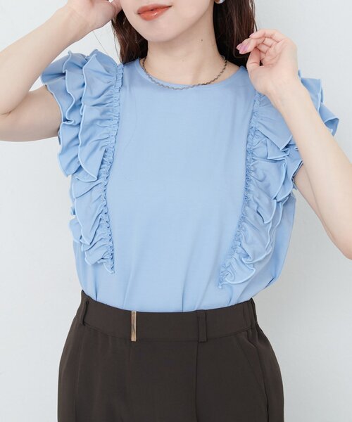 natural couture(ナチュラルクチュール)の「【sherbet line】接触冷感 フリルブラウスTシャツ(Tシャツ/カットソー・レディース・ミント/オフホワイト/ブルー/ブラウン/ブラック・FREE)」の5枚目の写真