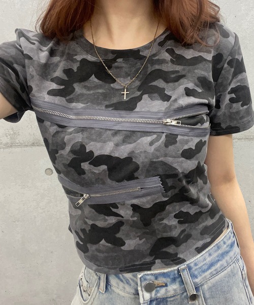 Admiral レディース　ベージュグレー迷彩 Tシャツ Admiral 【SALE】アドミラル アシンメトリーラインコラージュ