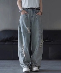 ルーズフィットダメージワイドデニムパンツ