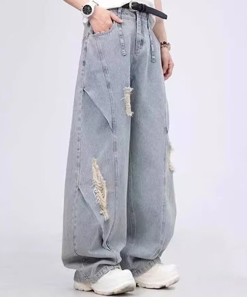 FreeZone（フリーゾーン）の「ルーズフィットダメージワイドデニムパンツ（デニムパンツ・メンズ・ライトブルー・S/M/L）」の5枚目の写真