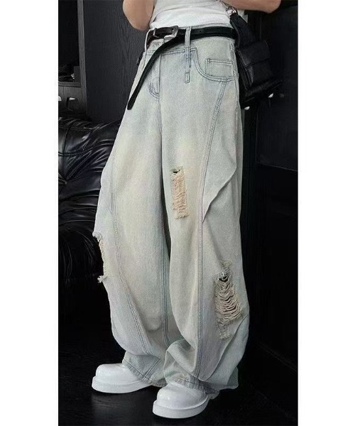 FreeZone（フリーゾーン）の「ルーズフィットダメージワイドデニムパンツ（デニムパンツ・メンズ・ライトブルー・S/M/L）」の3枚目の写真