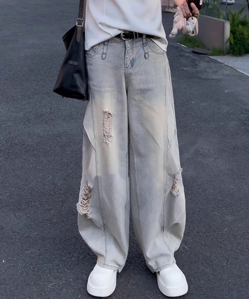 FreeZone（フリーゾーン）の「ルーズフィットダメージワイドデニムパンツ（デニムパンツ・メンズ・ライトブルー・S/M/L）」の11枚目の写真