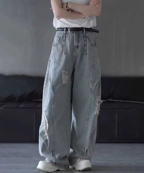 FreeZone（フリーゾーン）の「ルーズフィットダメージワイドデニムパンツ（デニムパンツ・メンズ・ライトブルー・S/M/L）」の8枚目の写真