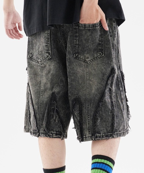 Theater code（シアターコード）の「Crushed denim half pants/フリンジデニムハーフパンツ（デニムパンツ・メンズ・ブルー系1/ブラック/ライトブルー・M/L）」の2枚目の写真