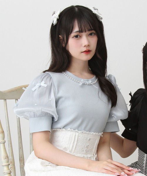 DearMyLove（ディアマイラブ）の「パールネックレスリボンパフ袖トップス（Tシャツ/カットソー・レディース・ブラック/ホワイト/サックスブルー/ベビーピンク・MEDIUM/LARGE/LL/3L）」の4枚目の写真