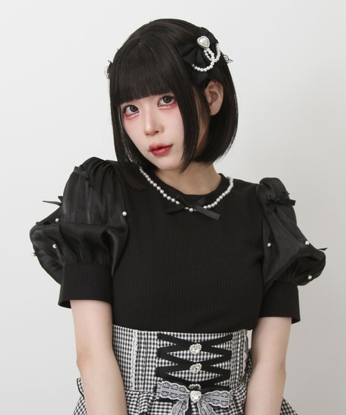 DearMyLove（ディアマイラブ）の「パールネックレスリボンパフ袖トップス（Tシャツ/カットソー・レディース・ブラック/ホワイト/サックスブルー/ベビーピンク・MEDIUM/LARGE/LL/3L）」の3枚目の写真