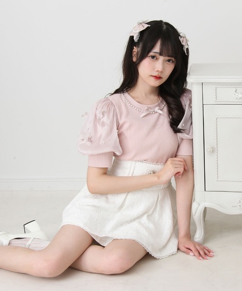 DearMyLove（ディアマイラブ）の「パールネックレスリボンパフ袖トップス（Tシャツ/カットソー・レディース・ブラック/ホワイト/サックスブルー/ベビーピンク・MEDIUM/LARGE/LL/3L）」の14枚目の写真