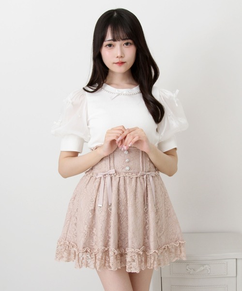 DearMyLove（ディアマイラブ）の「パールネックレスリボンパフ袖トップス（Tシャツ/カットソー・レディース・ブラック/ホワイト/サックスブルー/ベビーピンク・MEDIUM/LARGE/LL/3L）」の7枚目の写真