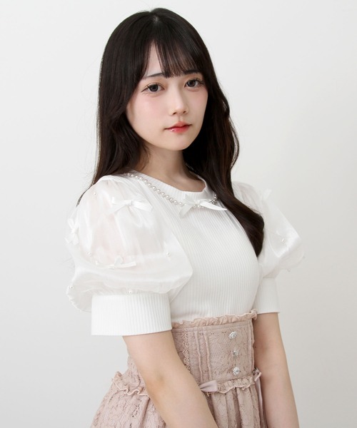 DearMyLove（ディアマイラブ）の「パールネックレスリボンパフ袖トップス（Tシャツ/カットソー・レディース・ブラック/ホワイト/サックスブルー/ベビーピンク・MEDIUM/LARGE/LL/3L）」の8枚目の写真