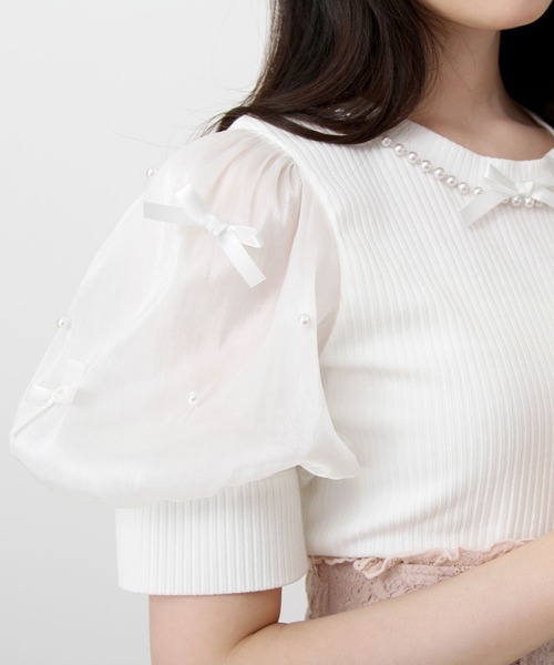 DearMyLove（ディアマイラブ）の「パールネックレスリボンパフ袖トップス（Tシャツ/カットソー・レディース・ブラック/ホワイト/サックスブルー/ベビーピンク・MEDIUM/LARGE/LL/3L）」の9枚目の写真