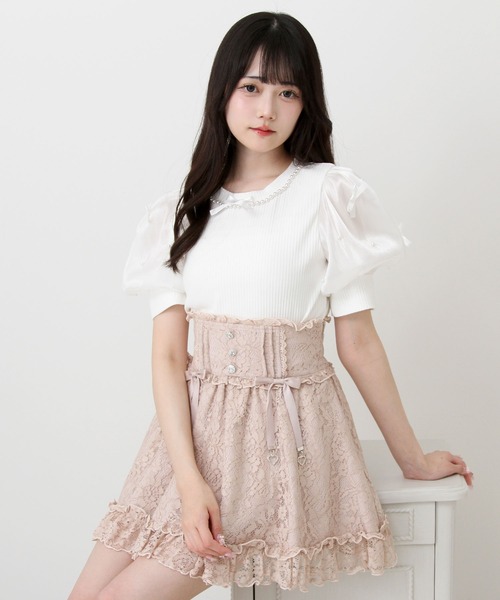 DearMyLove（ディアマイラブ）の「パールネックレスリボンパフ袖トップス（Tシャツ/カットソー・レディース・ブラック/ホワイト/サックスブルー/ベビーピンク・MEDIUM/LARGE/LL/3L）」の10枚目の写真