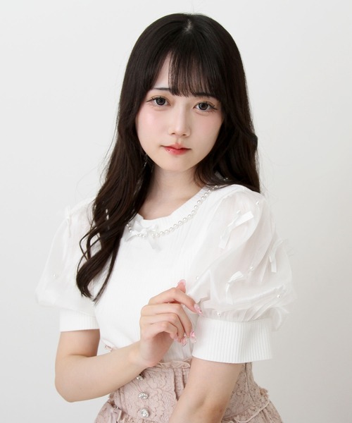 DearMyLove（ディアマイラブ）の「パールネックレスリボンパフ袖トップス（Tシャツ/カットソー・レディース・ブラック/ホワイト/サックスブルー/ベビーピンク・MEDIUM/LARGE/LL/3L）」の11枚目の写真