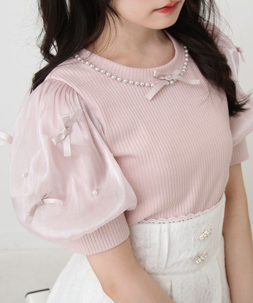 DearMyLove（ディアマイラブ）の「パールネックレスリボンパフ袖トップス（Tシャツ/カットソー・レディース・ブラック/ホワイト/サックスブルー/ベビーピンク・MEDIUM/LARGE/LL/3L）」の17枚目の写真