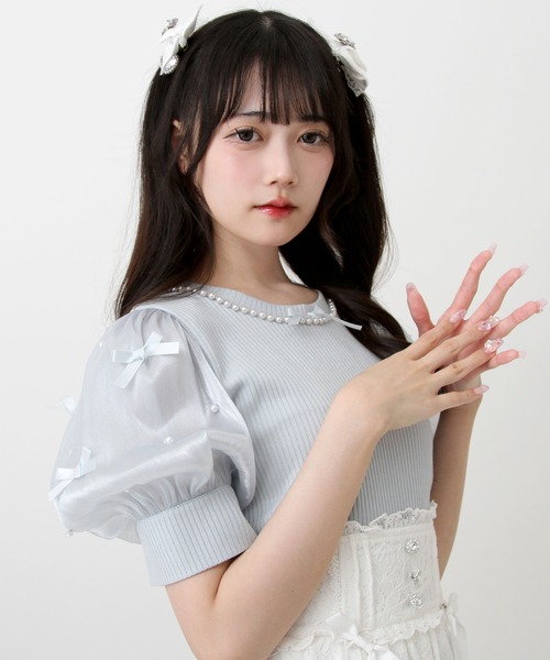 DearMyLove（ディアマイラブ）の「パールネックレスリボンパフ袖トップス（Tシャツ/カットソー・レディース・ブラック/ホワイト/サックスブルー/ベビーピンク・MEDIUM/LARGE/LL/3L）」の19枚目の写真