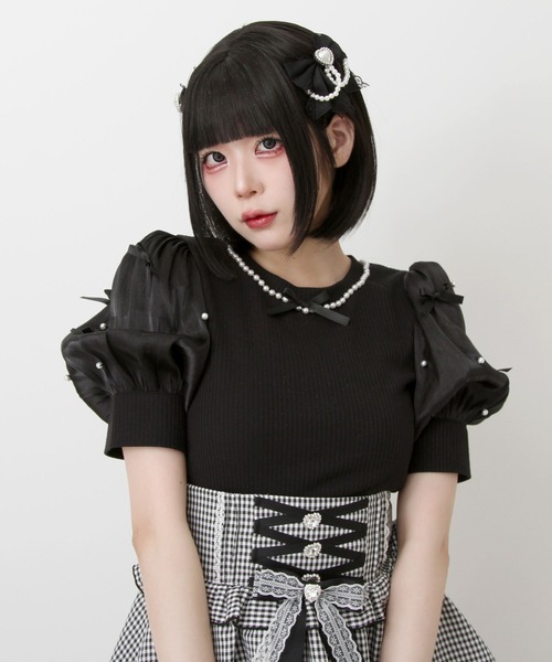 DearMyLove（ディアマイラブ）の「パールネックレスリボンパフ袖トップス（Tシャツ/カットソー・レディース・ブラック/ホワイト/サックスブルー/ベビーピンク・MEDIUM/LARGE/LL/3L）」の21枚目の写真