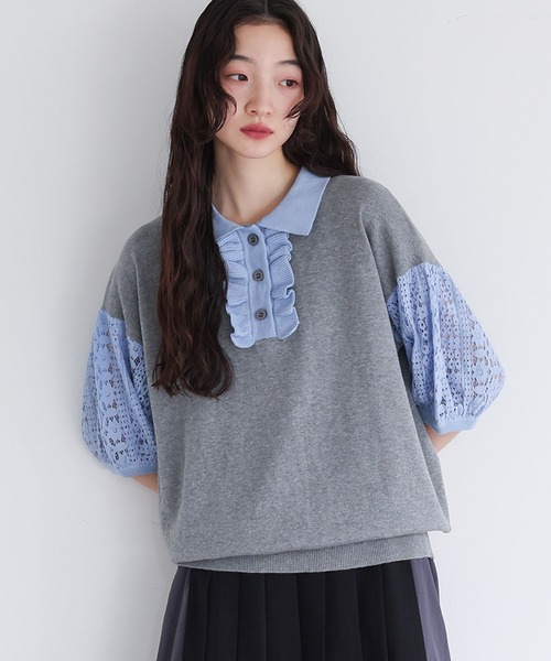 somari imagination(ソマリ イマジネーション)の「『袖レース配色ポロニット』(ポロシャツ・レディース・杢グレー/ブラック・2/1)」の1枚目の写真