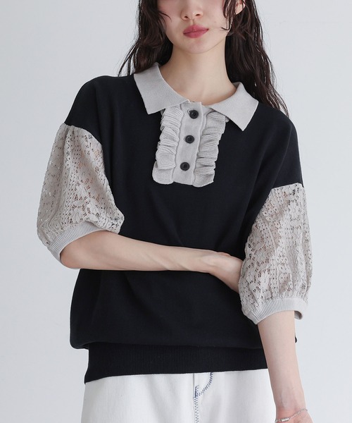somari imagination(ソマリ イマジネーション)の「『袖レース配色ポロニット』(ポロシャツ・レディース・杢グレー/ブラック・2/1)」の2枚目の写真