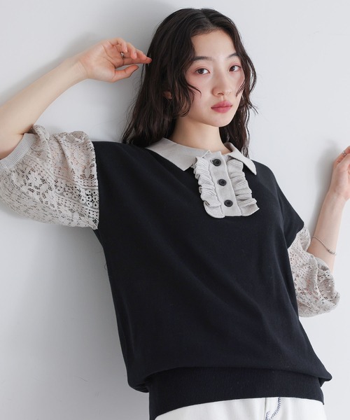 somari imagination(ソマリ イマジネーション)の「『袖レース配色ポロニット』(ポロシャツ・レディース・杢グレー/ブラック・2/1)」の11枚目の写真