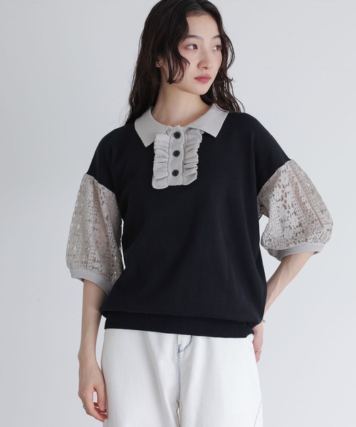 somari imagination(ソマリ イマジネーション)の「『袖レース配色ポロニット』(ポロシャツ・レディース・杢グレー/ブラック・2/1)」の12枚目の写真