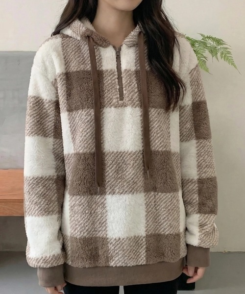 cammie(キャミー)の「ボアチェックハーフジップフードパーカー(パーカー・レディース・ブラック/ネイビー/ベージュ・LARGE/MEDIUM)」の16枚目の写真